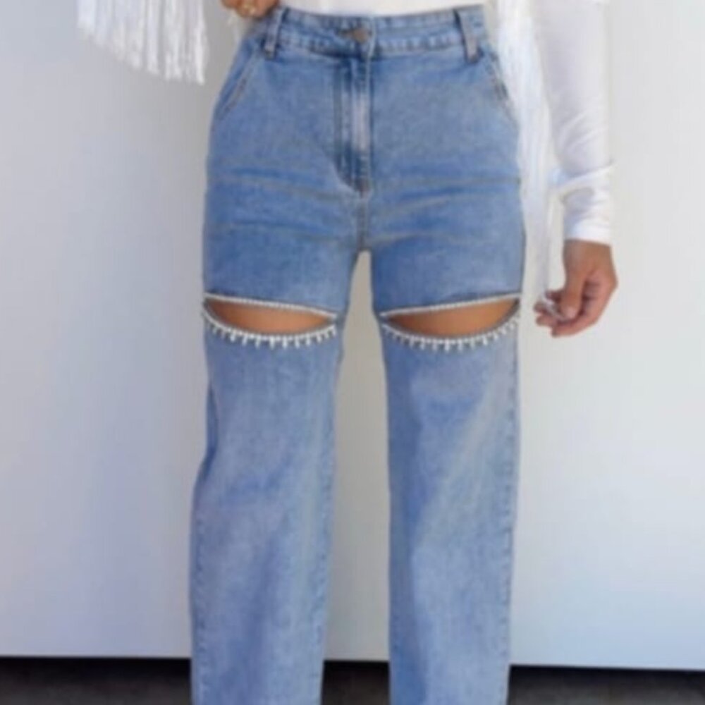 SPLIT CRYSTAL WIDE LEG JEANS